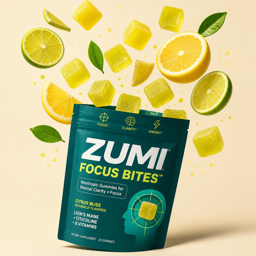 Zumi Focus Bites and citrus slices floating above the pouch