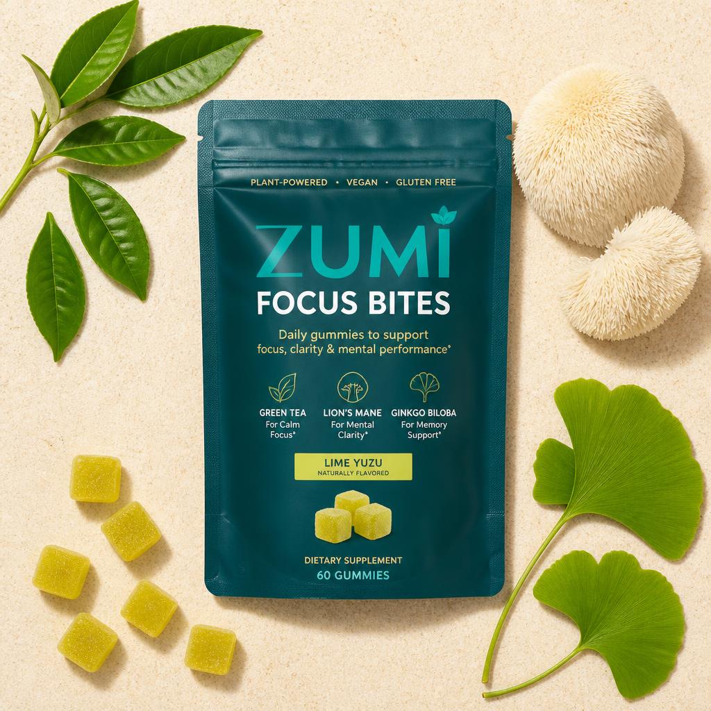 Zumi Focus Bites pouch with its key ingredients labelled