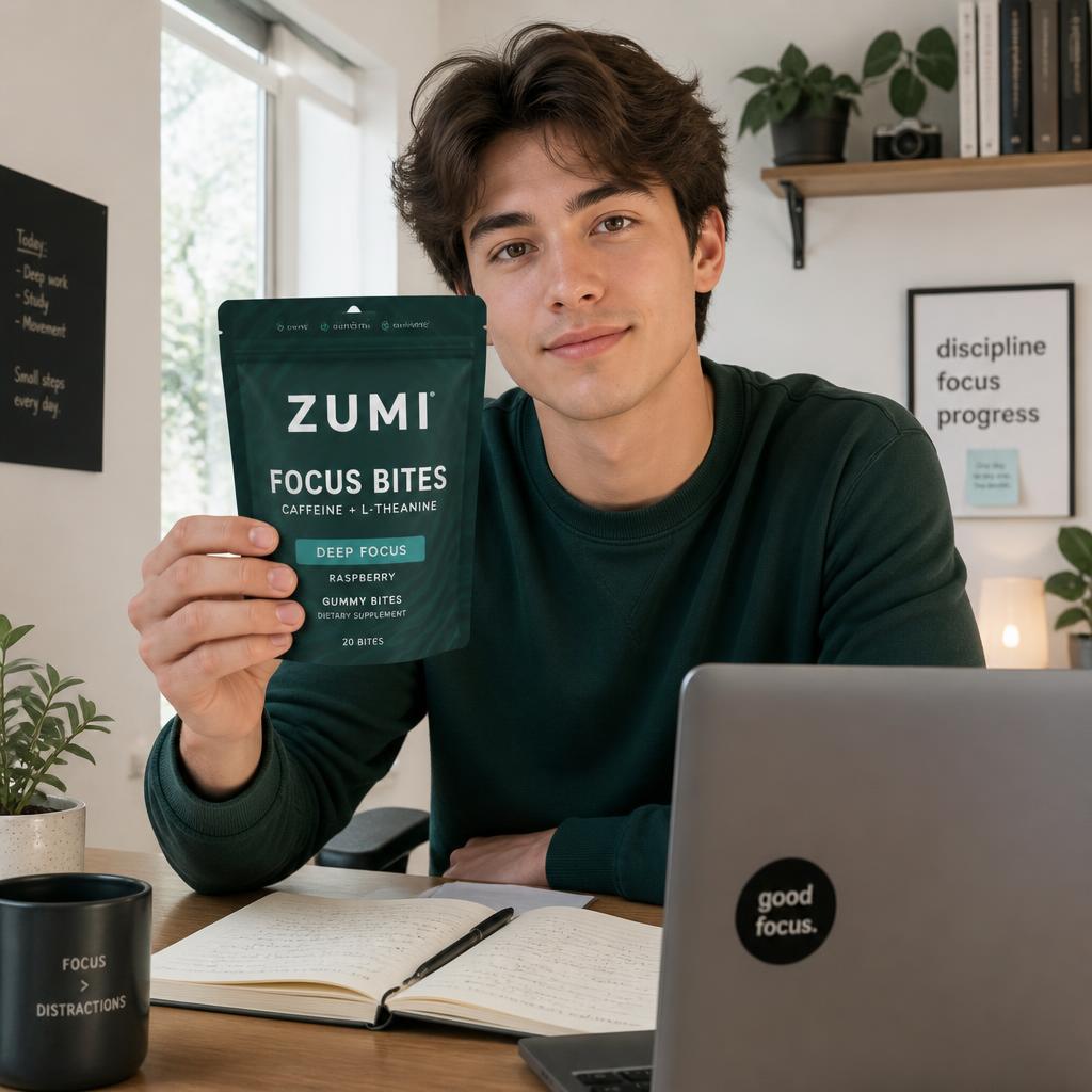 Person at a desk holding the Zumi Focus Bites pouch